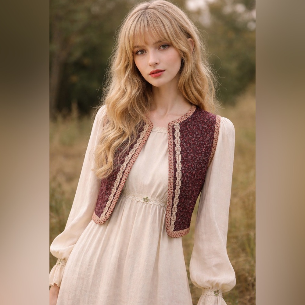 *Vintage 70’s - burgundy calico vest - homemade Gunne Sax - cropped quilted